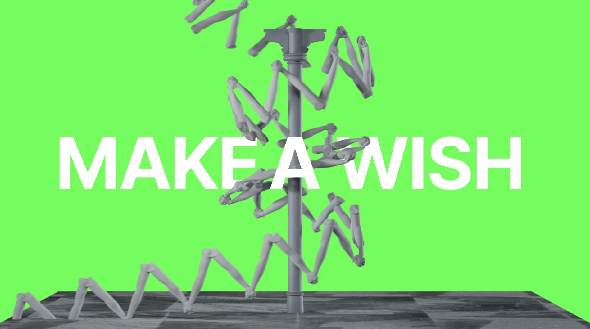 Make a Wish — ključni vizual izložbe: stup isprepletenih ruku na zelenoj pozadini