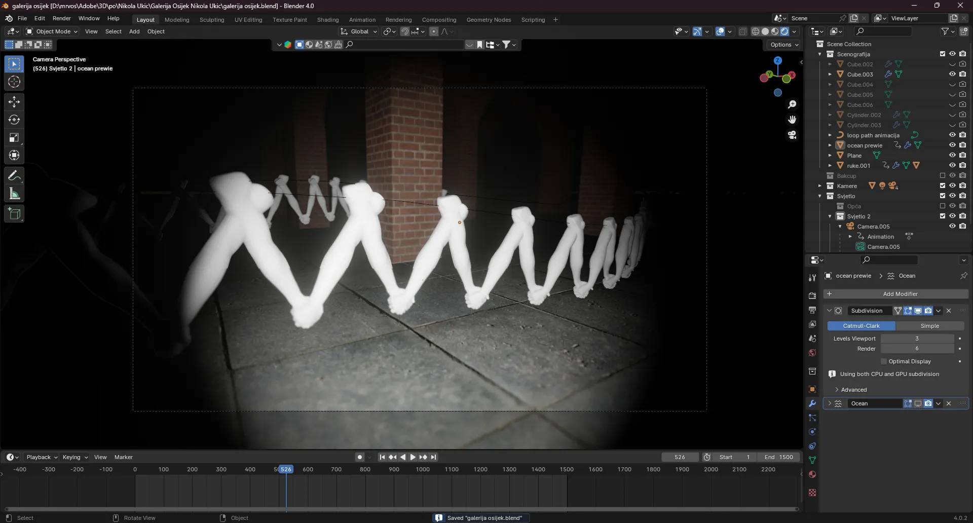 Blender viewport — ruke u kolu ispred opečnog stupa galerije