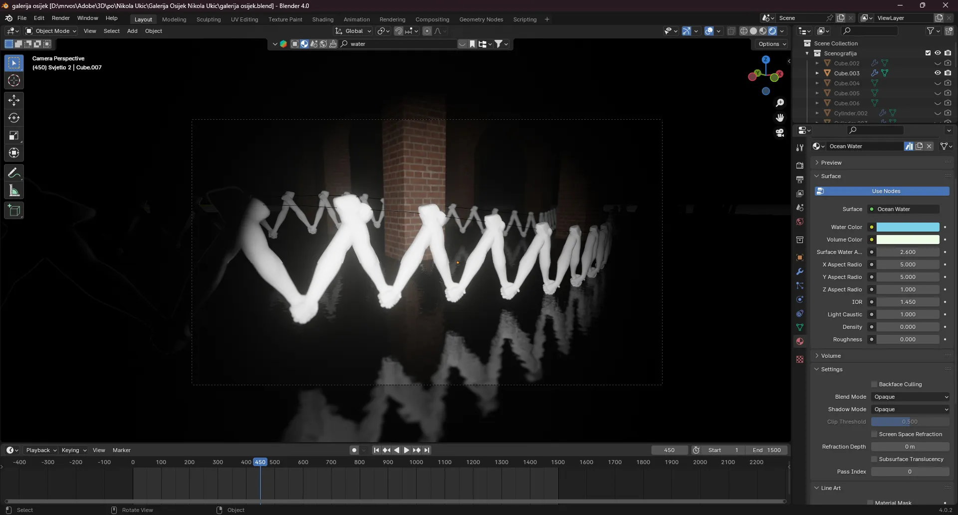 Blender viewport — kadar kamere kroz opečne lukove galerije