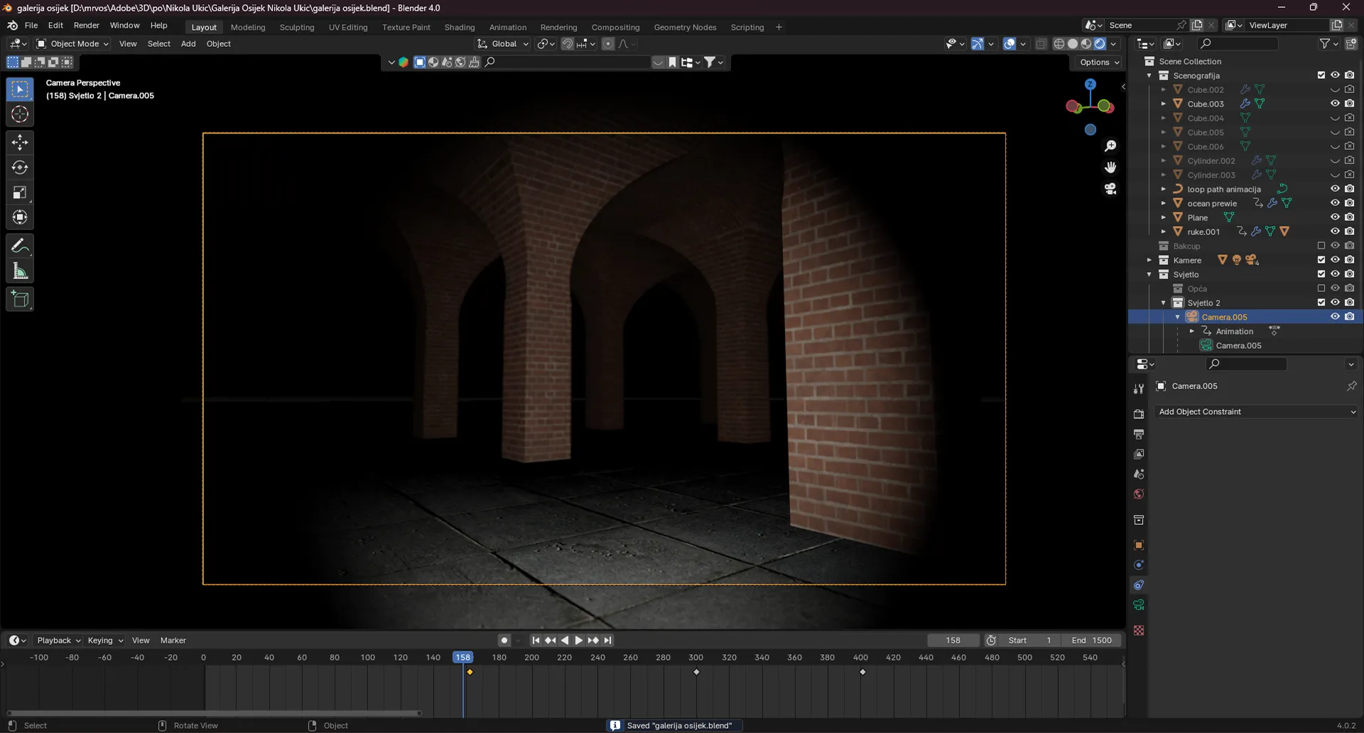 Blender — scenografija galerije s lukovima, vodom i postavkama rendera